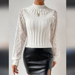 Amazon Elegant White Lace Sleeve Sweater Size Small-4-6